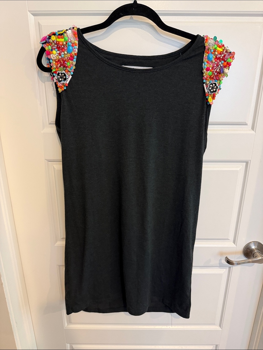 Meghan Los Angeles Black Sleeveless Minidress with Colorful Beaded Shoulders